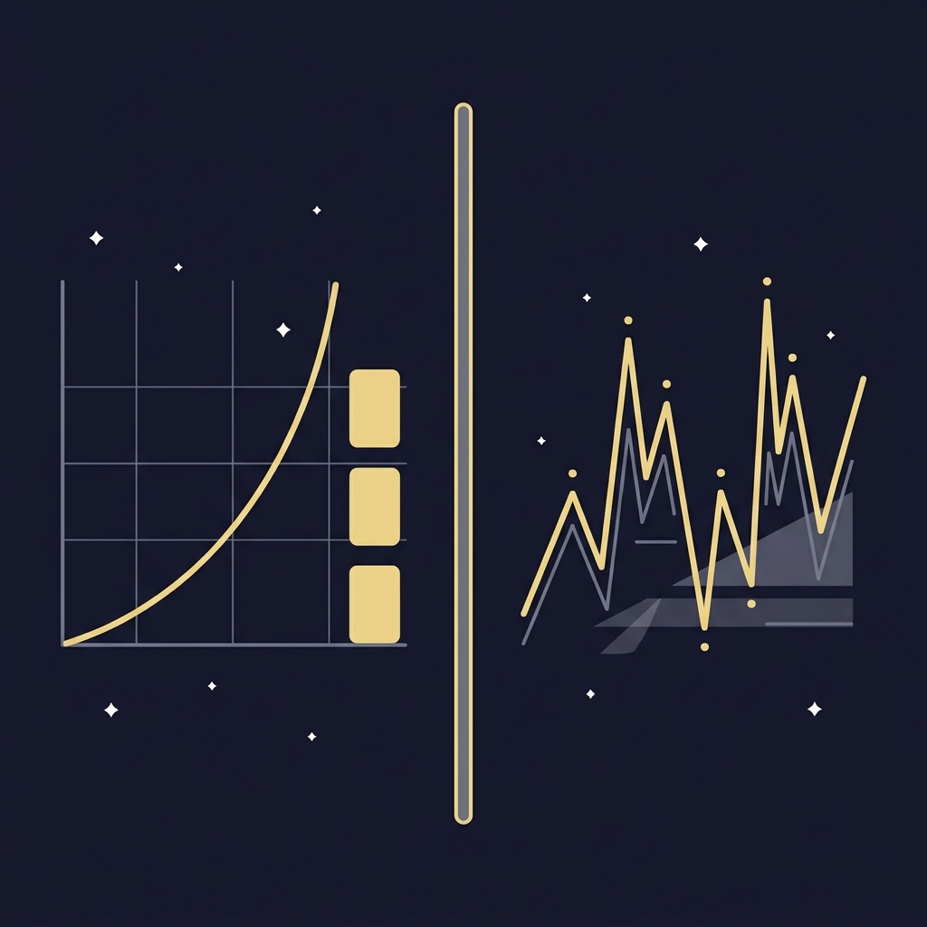 Minimal 2D vector split graphic showing steady single bet growth on the left and a high variance parlay spike chart on the right in Funded Plays palette winning parlays