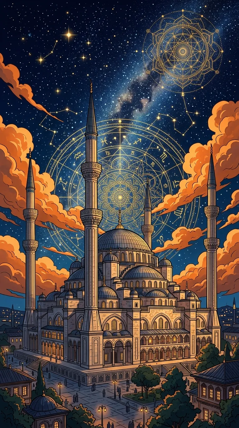 Artistic Istanbul Mosque Illustration with Orange Sunset Clouds - Free 4K mobile Wallpaper