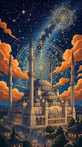 Artistic Istanbul Mosque Illustration with Orange Sunset Clouds
