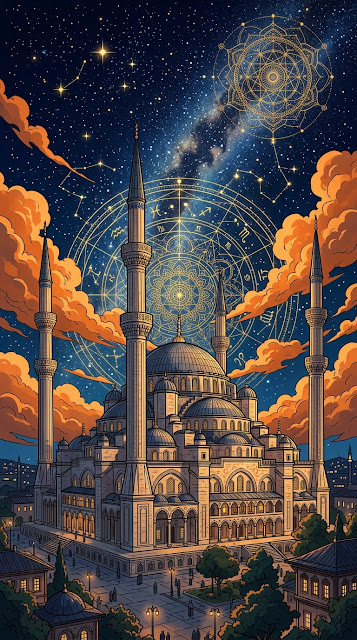 Artistic Istanbul Mosque Illustration with Orange Sunset Clouds - Free mobile Wallpaper