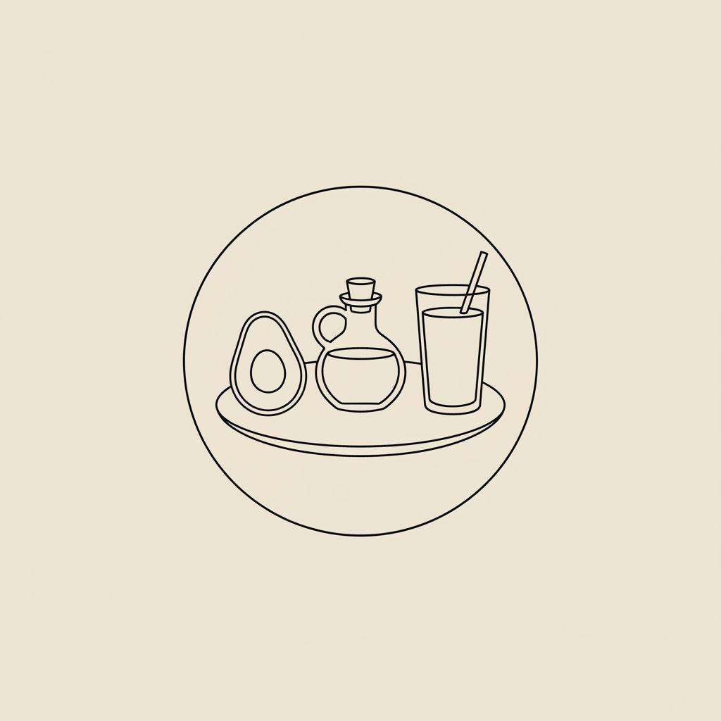 Minimalist line illustration of a plate with an avocado half, jar of olive oil, and a smoothie glass, suggesting dietary choices to increase body fat.