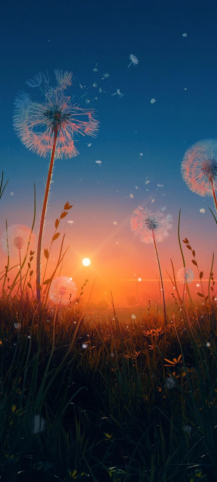 Dandelions In Sunset Field - Digital Illustration Full HD iPhone Wallpaper (1080x2400)