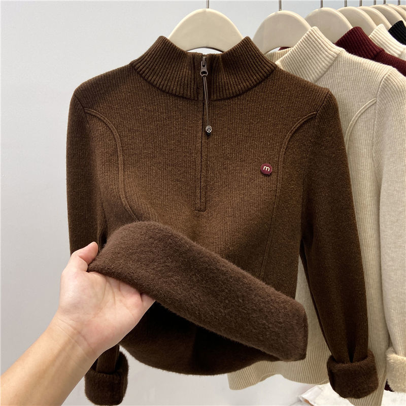 Gefütterter Damen-Strickpullover mit Reißverschluss und Stehkragen