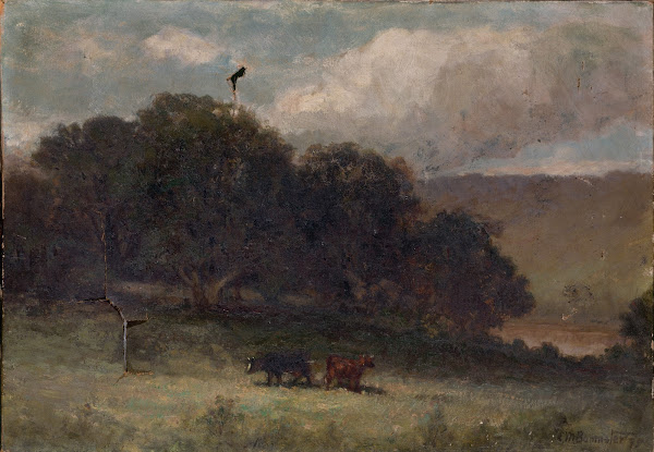 Untitled landscape with trees and two cows in meadow 1895