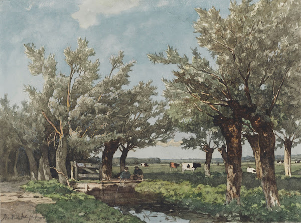 Landschap met een sloot waar twee jongens vissen 1834   1903