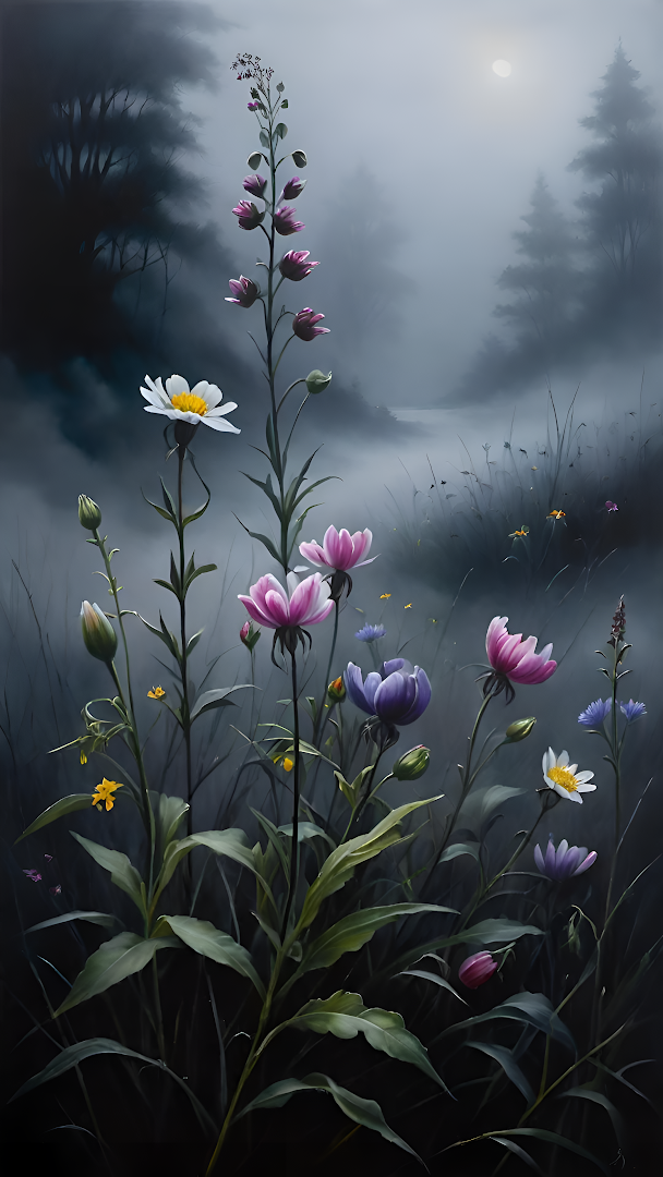 Mystical Wildflowers Glowing in Moonlit Foggy Forest