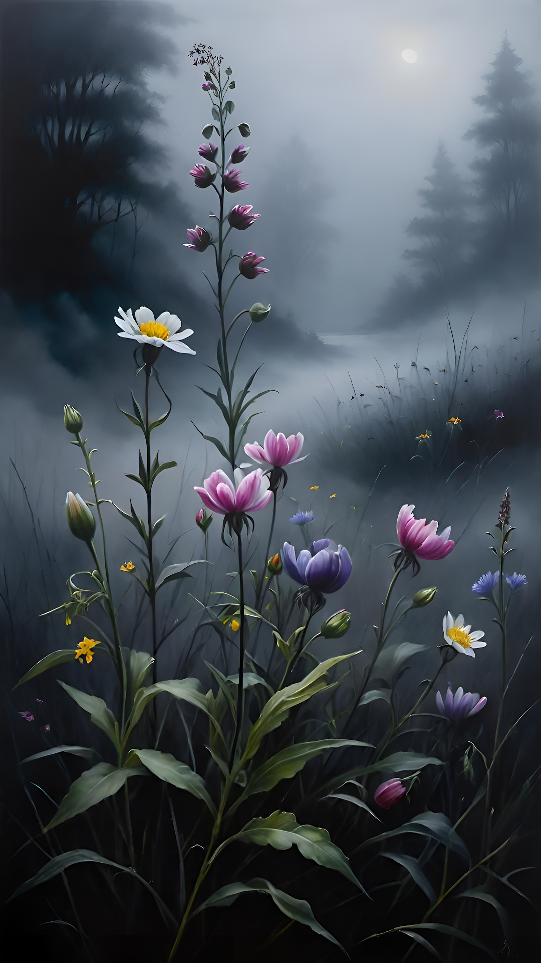 Mystical Wildflowers Glowing in Moonlit Foggy Forest - Free 4K mobile Wallpaper