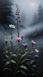 Mystical Wildflowers Glowing in Moonlit Foggy Forest