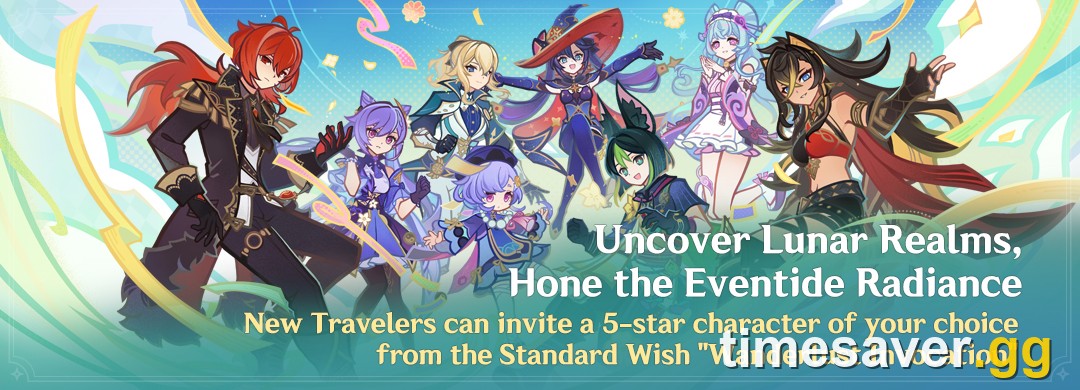 Official Genshin Impact banner for Uncover Lunar Realms, Hone the Eventide Radiance, the new-Traveler Wanderlust Invocation 5-star selector
