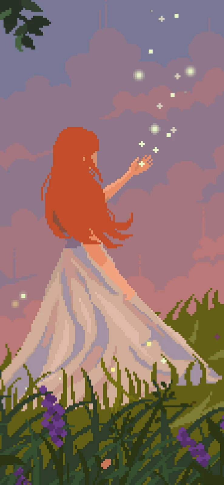 Girl Reaching For Magic Sparks - Pixel Art Illustration Full HD iPhone Wallpaper (1090x2360)