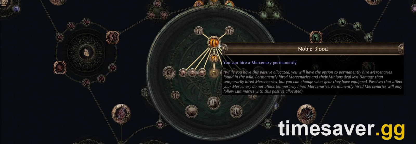 The Mercenary passive tree in Path of Exile 3.29 with the Noble Blood node highlighted, part of the league progression that feeds several challenges
