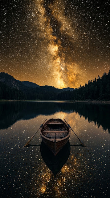 Rowboat Under Milky Way Galaxy - Free mobile Wallpaper