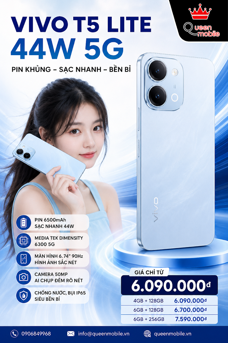 Vivo T5 Lite 5G Ra Mắt Phân Khúc Phổ Thông Định Hình Lại Tiêu Chuẩn Pin Siêu Khủng #VivoT5Lite5G #Vivo #QueenMobile #TinCongNghe #Smartphone2026 #Pin6500mAh