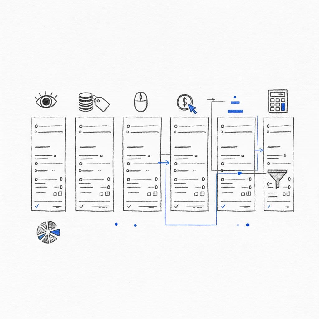 Vector notebook-style budget worksheet sketch with icons for impressions, CPM, clicks, CPC and total spend, hand-drawn arrows and funnel &mdash; how much to pay for an instagram promotion
