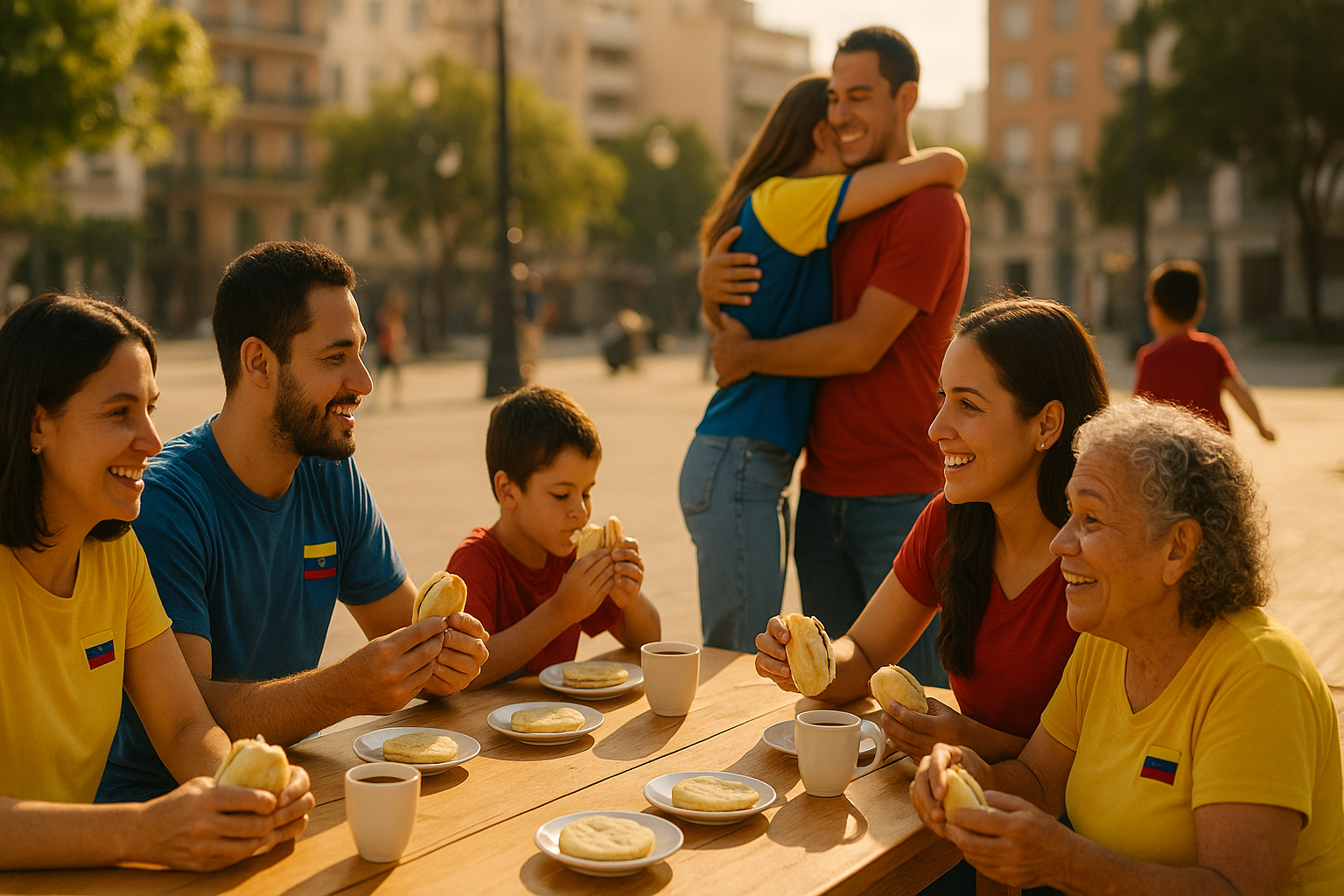 Venezolanos reunidos en una plaza compartiendo arepas y sonrisas