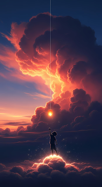 Child Reaching for a Lantern Above Fiery Sunset Clouds - Free mobile Wallpaper