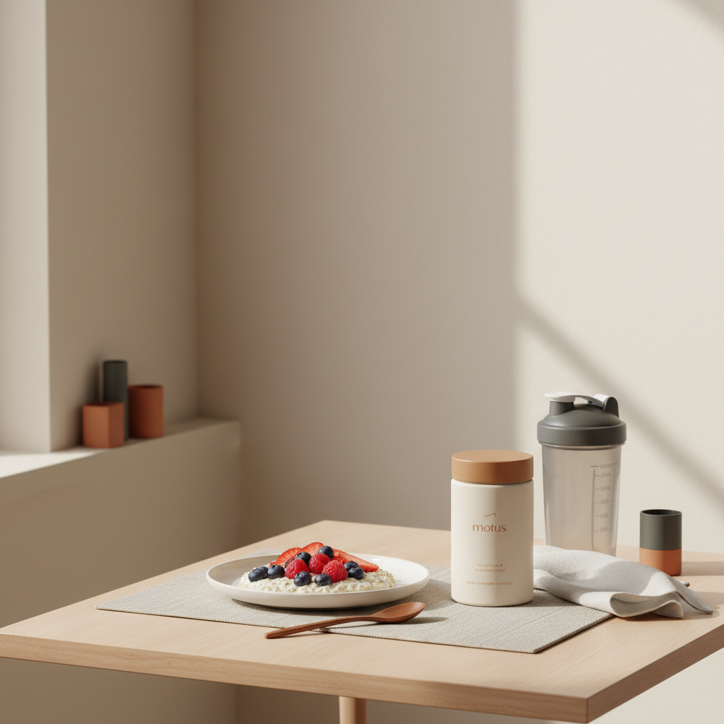 Minimalist breakfast nook with Tonum Motus container beside shaker bottle, wooden spoon and plate of oats and berries; clean health-focused scene for 2 shakes and 1 meal weight loss