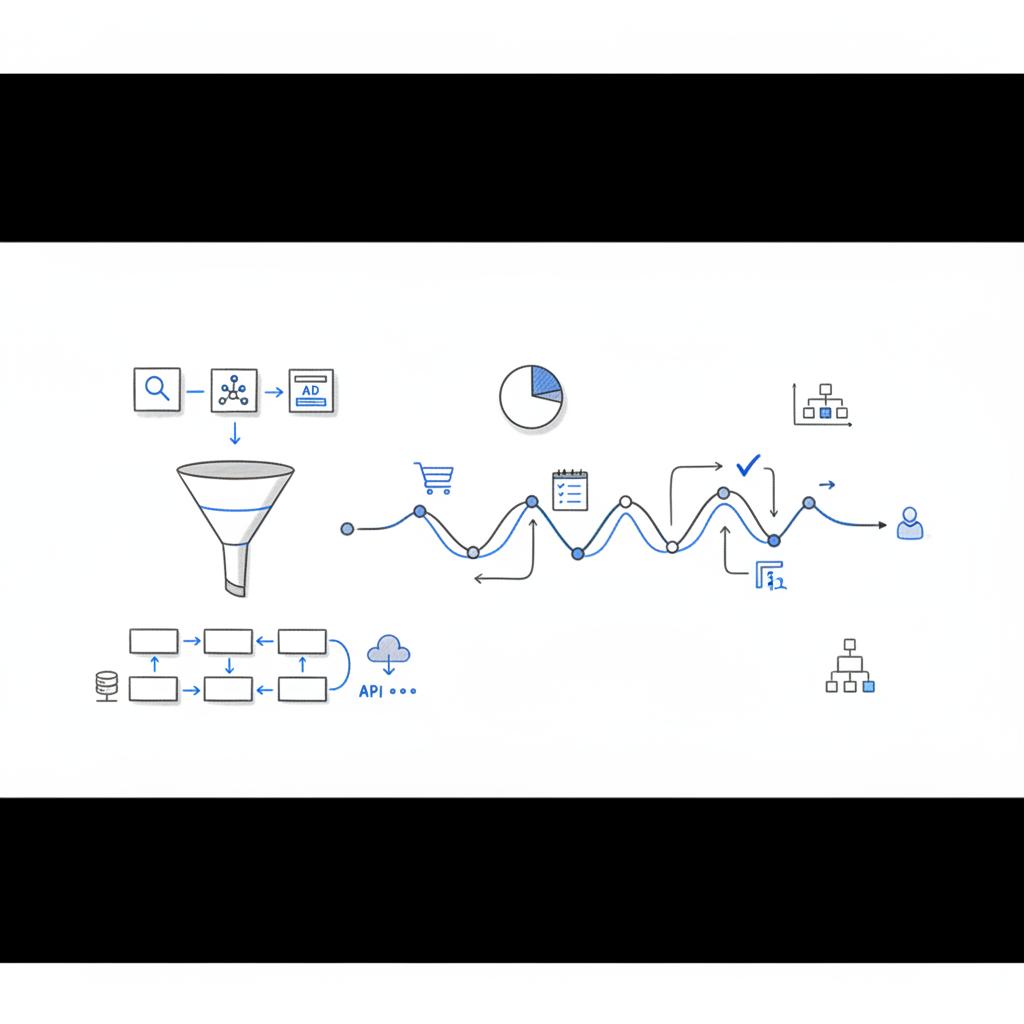 Sketch-style customer journey map with search, social, and display ad touchpoints, conversion icons and server-side endpoints in brand blue and dark grey &mdash; PPC expert