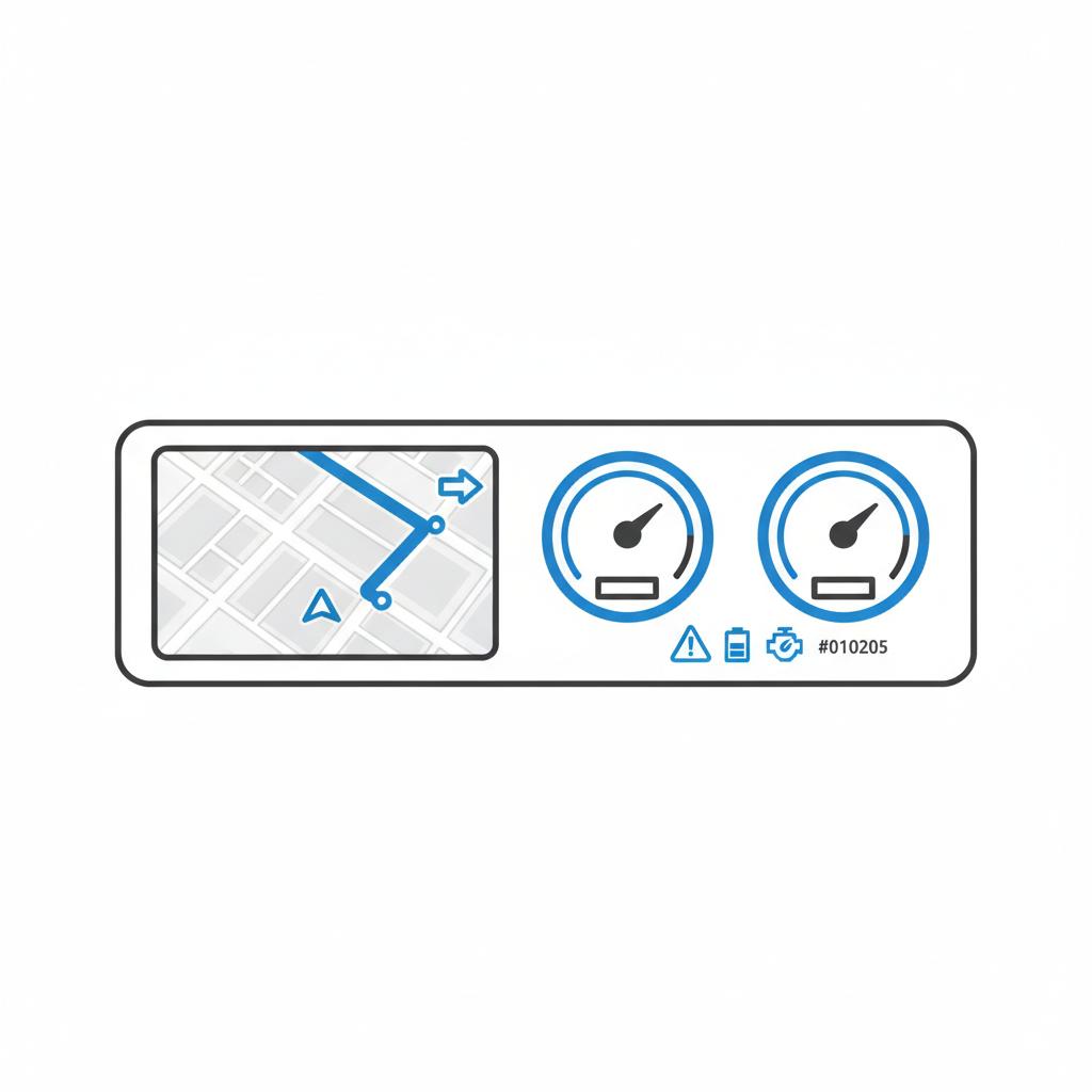 Minimalist 2D vector dashboard with Volkswagen infotainment map and instrument cluster showing navigation route and stylized warning icons in CarFax Deals colors vw car dealer near me
