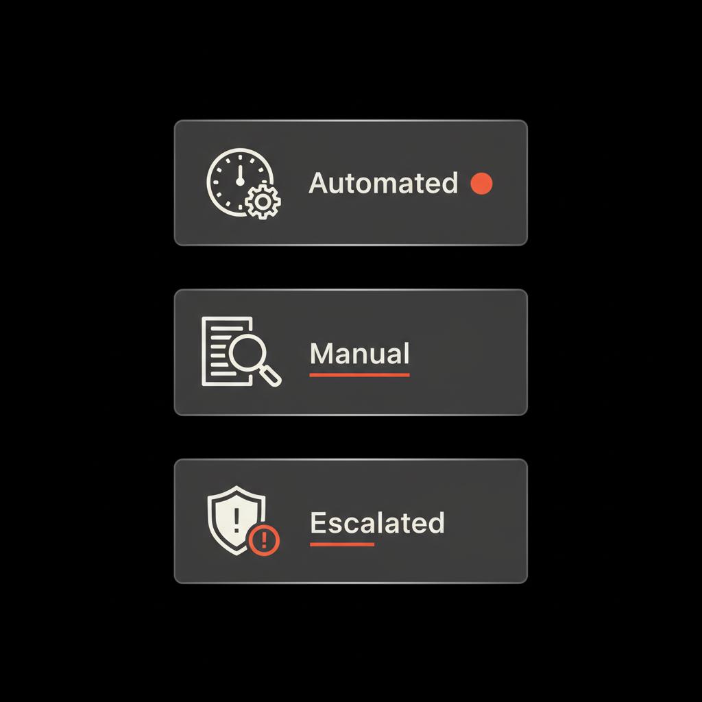 Vertical infographic showing three review tiers (Automated, Manual, Escalated) with clock, magnifier-over-document, and shield icons in brand colors; WhatsApp account review time