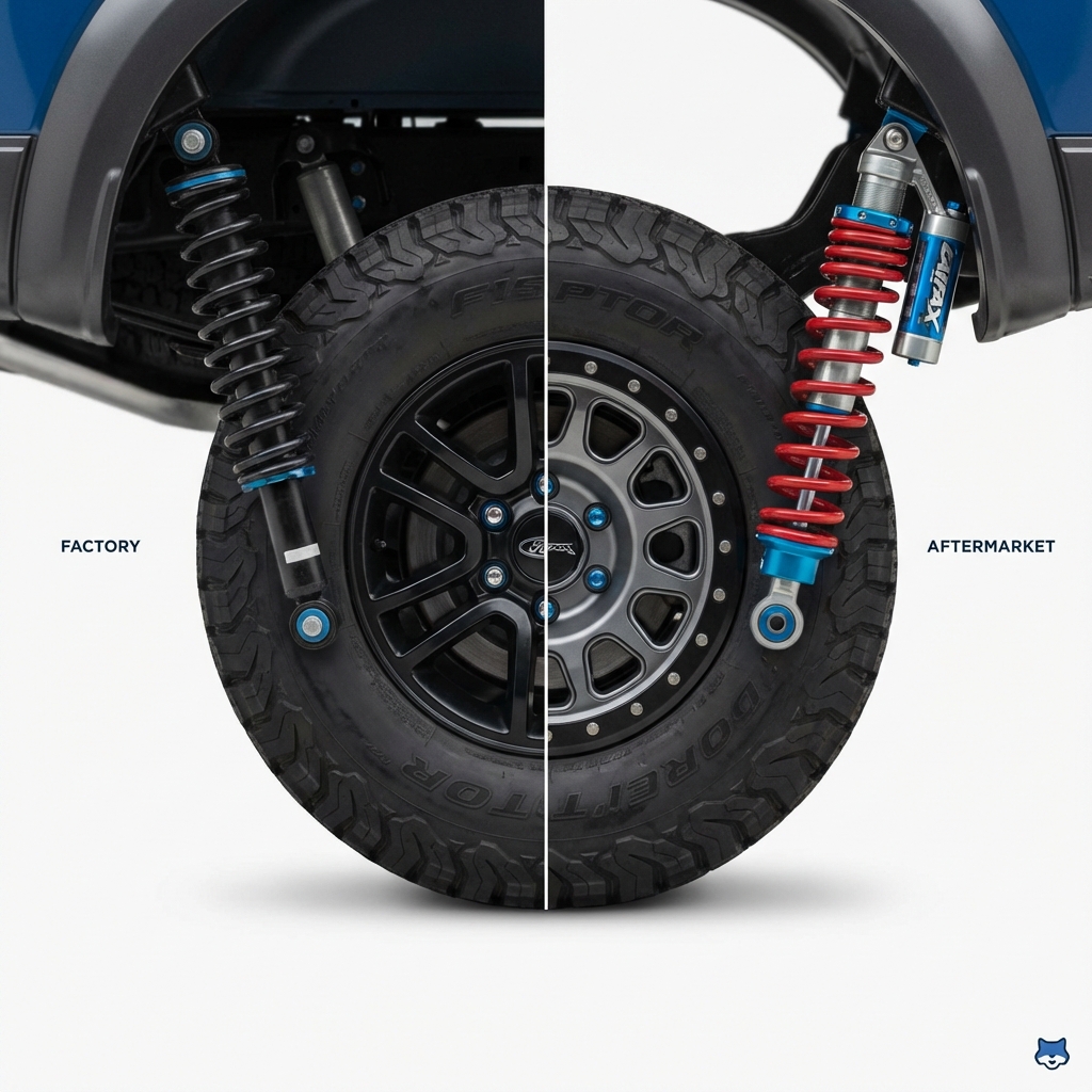 Close up of ford f150 raptor for sale front wheel and suspension showing factory components versus aftermarket parts on clean white background with blue accents
