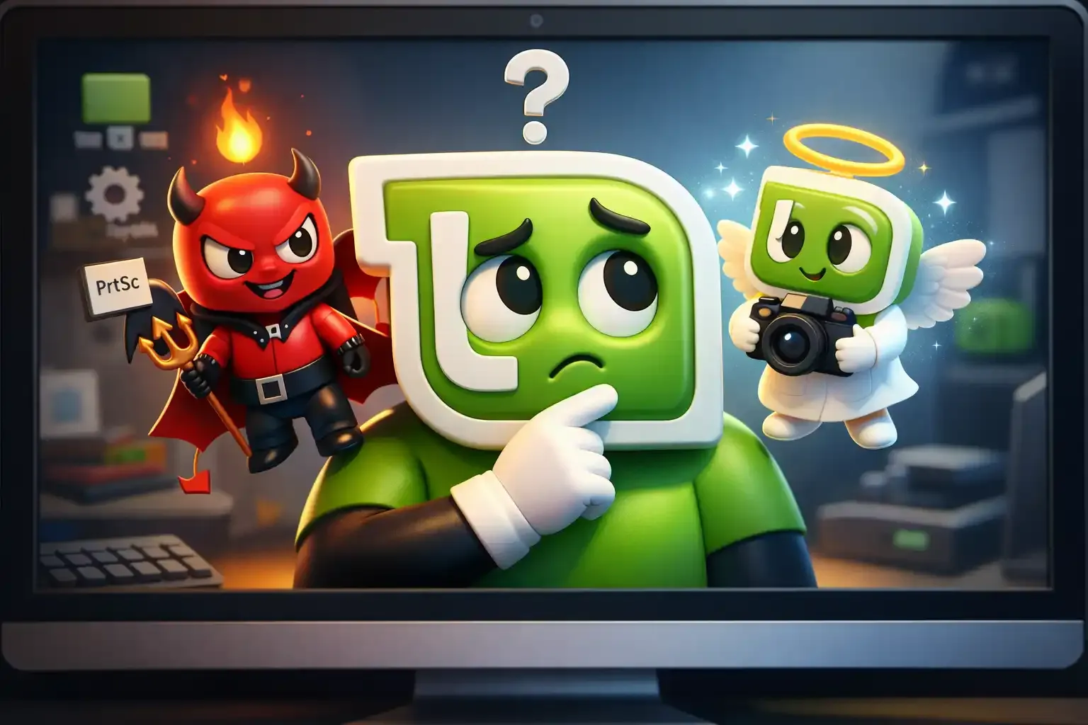 Ilustración 3D de un personaje de Linux Mint indeciso entre usar el atajo de teclado PrtSc, representado por un diablito, o la aplicación nativa de capturas de pantalla, representada por un angelito con una cámara fotográfica.