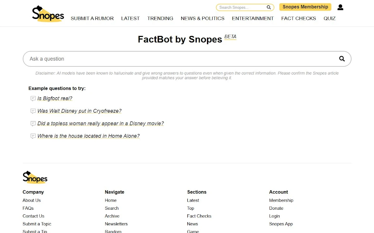 Captura de Snopes Factbot