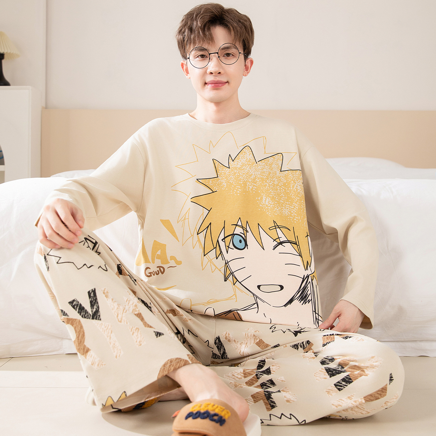Herren-Pyjama-Set, Baumwolle, Langarm, große Größen