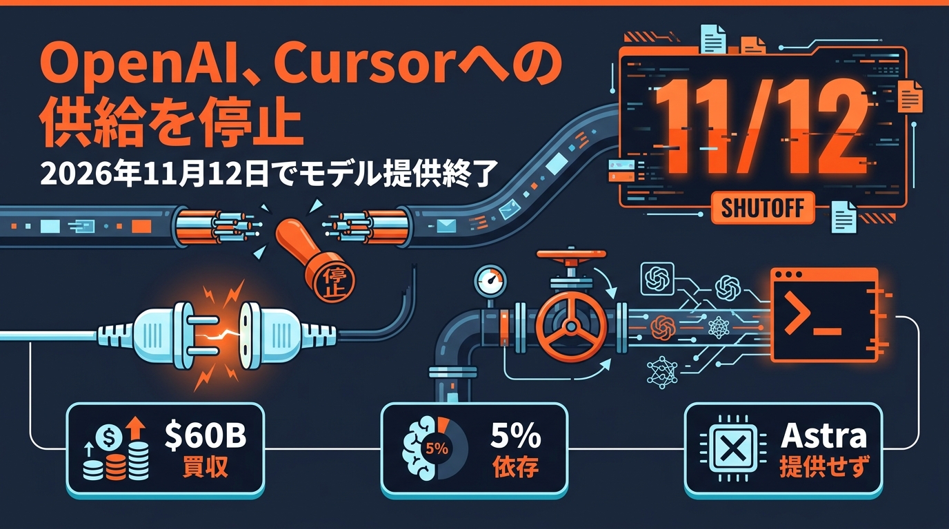 OpenAI、Cursorへのモデル供給を11月12日で停止 — 600億ドルでSpaceX傘下に入った途端、「中立インフラ」という前提が壊れた