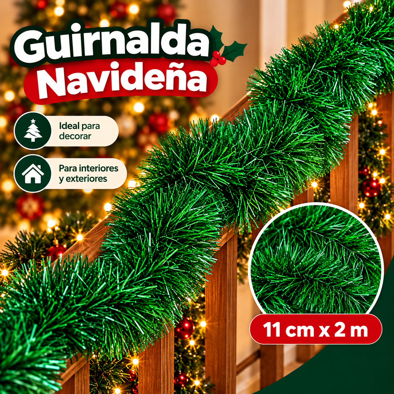 Guirnalda navideña de tinsel verde claro tupida 11 cm x 2 m