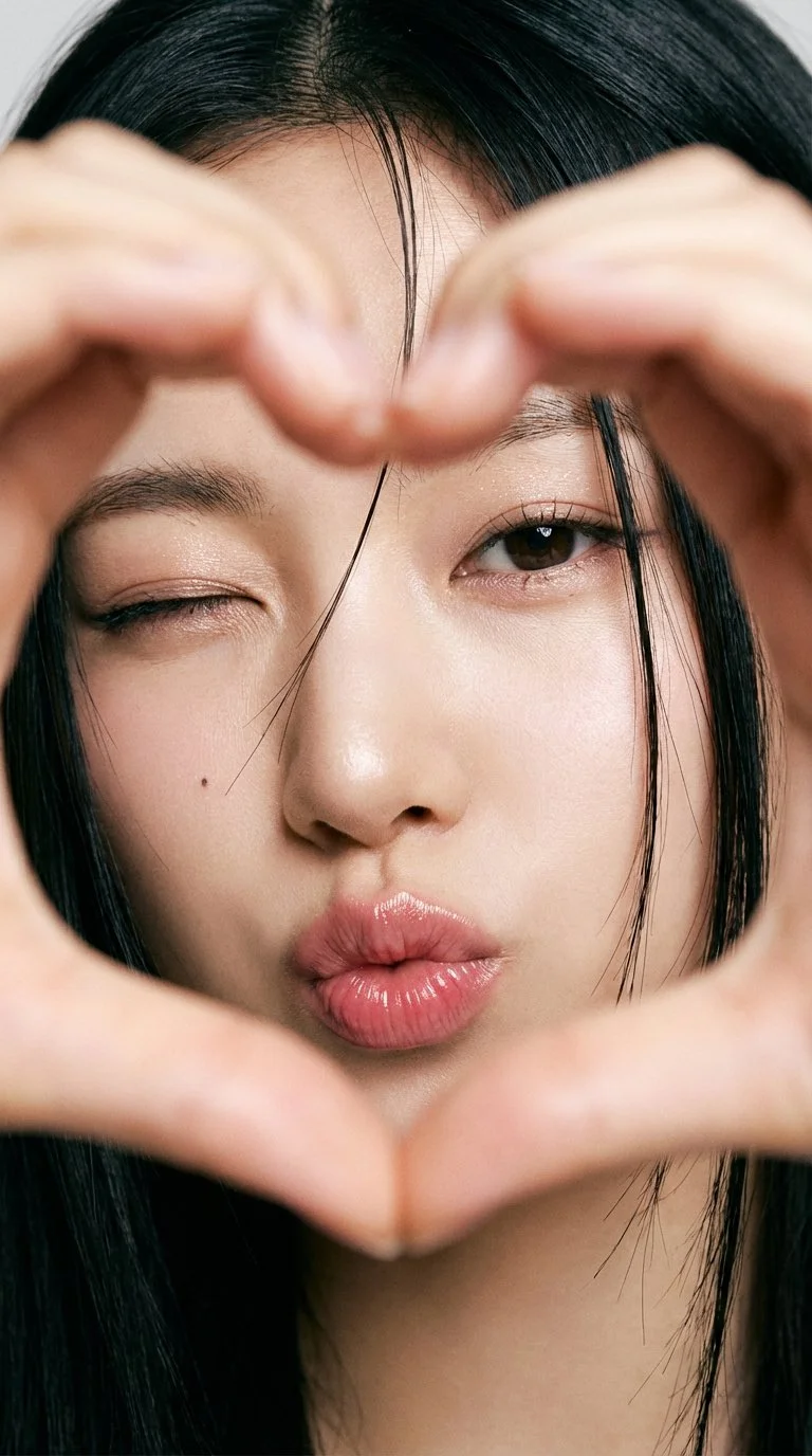 Retrato de cerca de una joven asiática oriental formando un corazón con las manos, sin ropa.