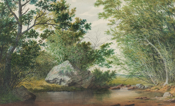 Landscape with Wooded Stream and Boulder c 1880s