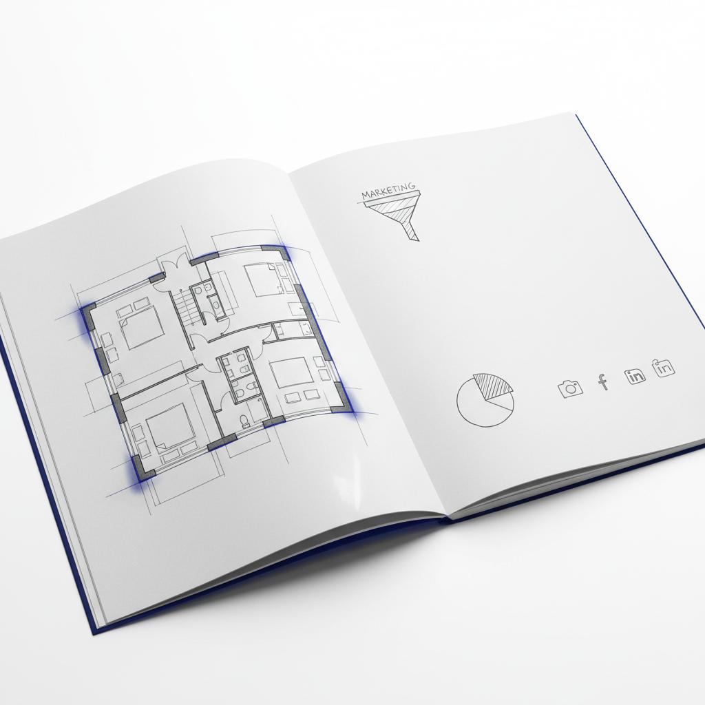 Glossy real estate brochure open to a floor plan and a small hand-drawn marketing funnel sketch on a white tabletop with #1a5bfb accent lighting &mdash; real estate ads on Facebook