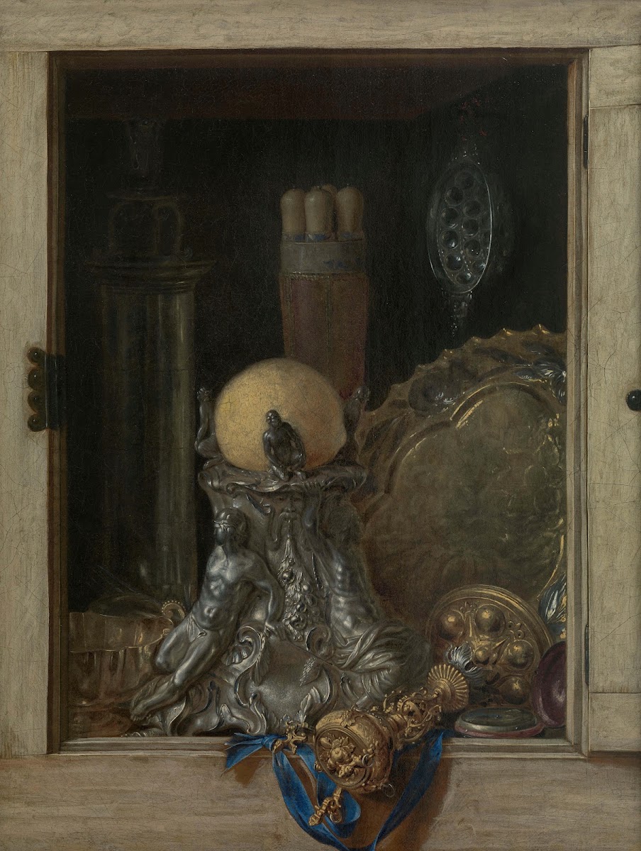 Trompe loeil of an open cupboard with precious vessels 1665 1670