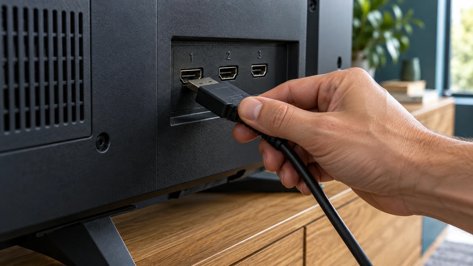 Mano che collega un cavo HDMI al retro di un televisore generico