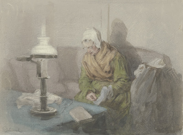 Old woman by lamplight ca 1860