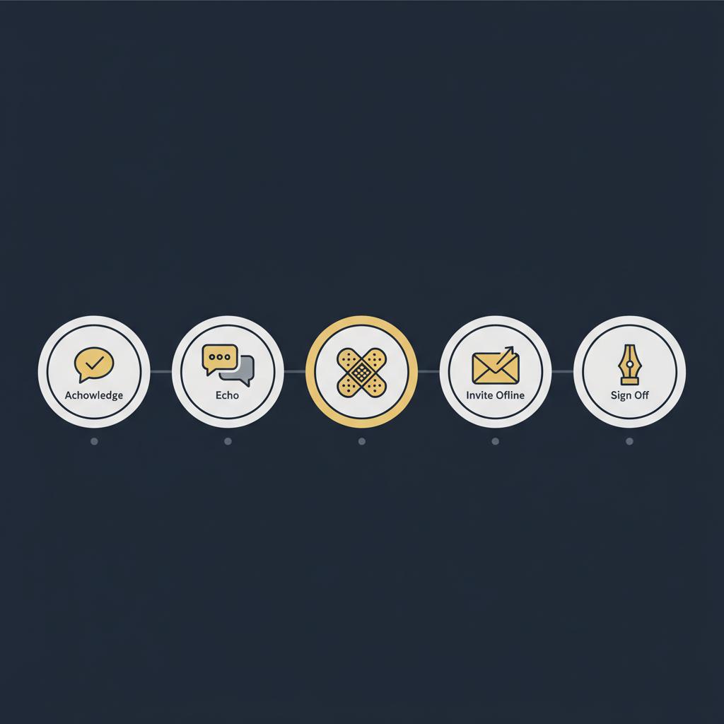 Minimal 2D vector infographic of five icons to respond to negative Google review: speech-check, overlapping bubbles, bandage, envelope+arrow, pen nib on Orvus navy background.