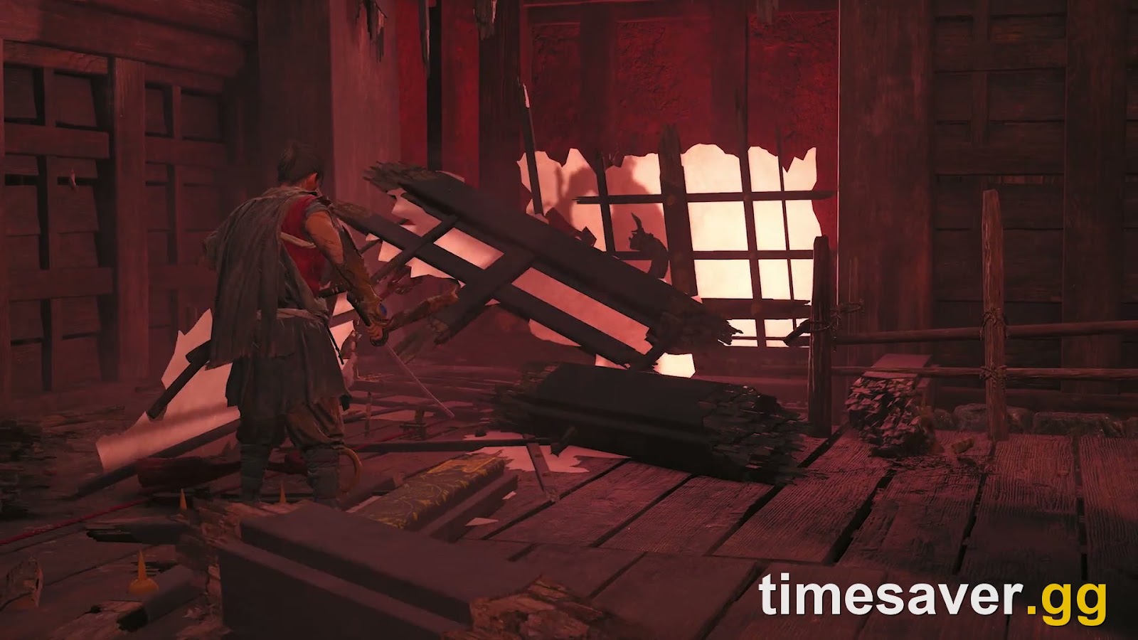 Musashi explores a Malice-corrupted interior with his blade drawn in Onimusha: Way of the Sword