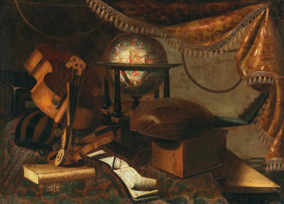 Musical instruments a globe book and music sheets on a table 17th Century