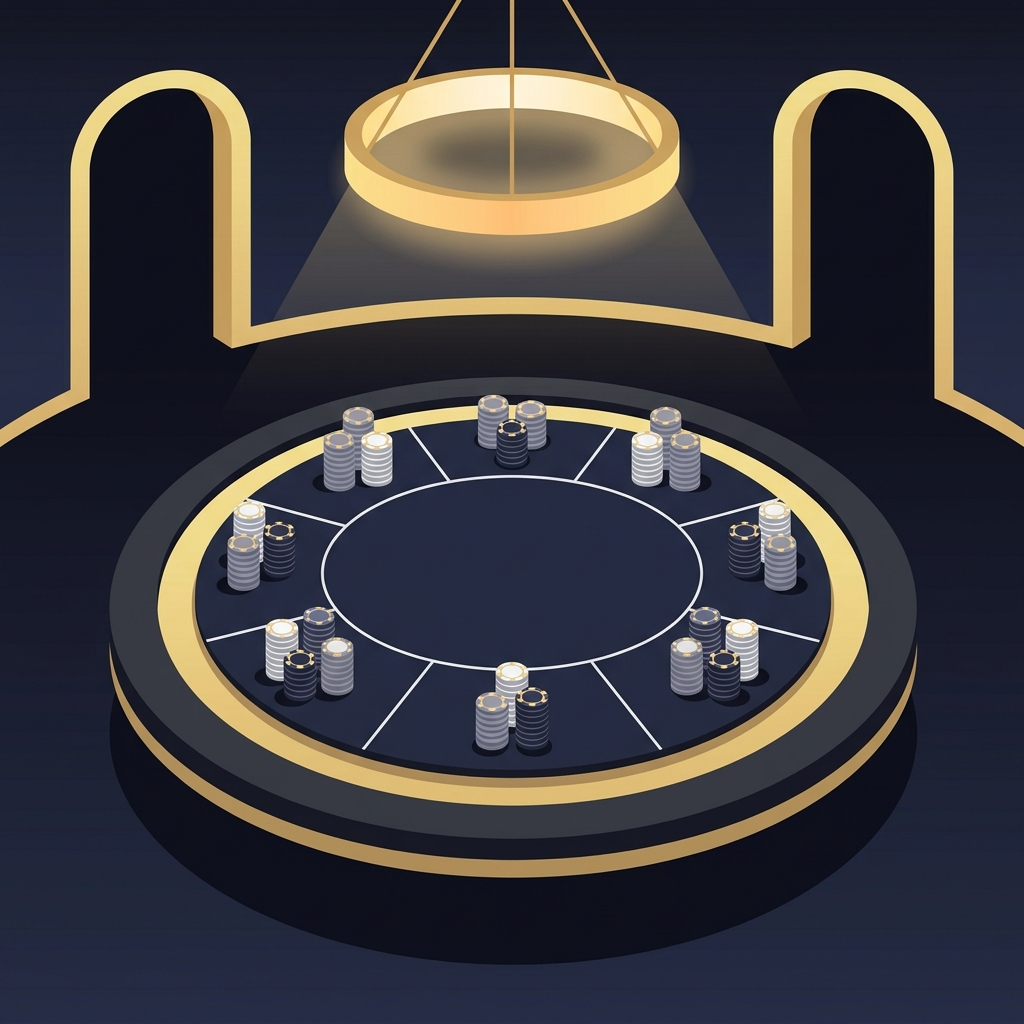 Minimalist 2D vector of a high limit salon private poker table with neatly stacked chips warm subdued lighting and Funded Plays color palette one bet vegas