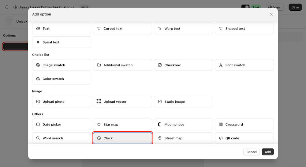 Add option menu with Clock selected under Others