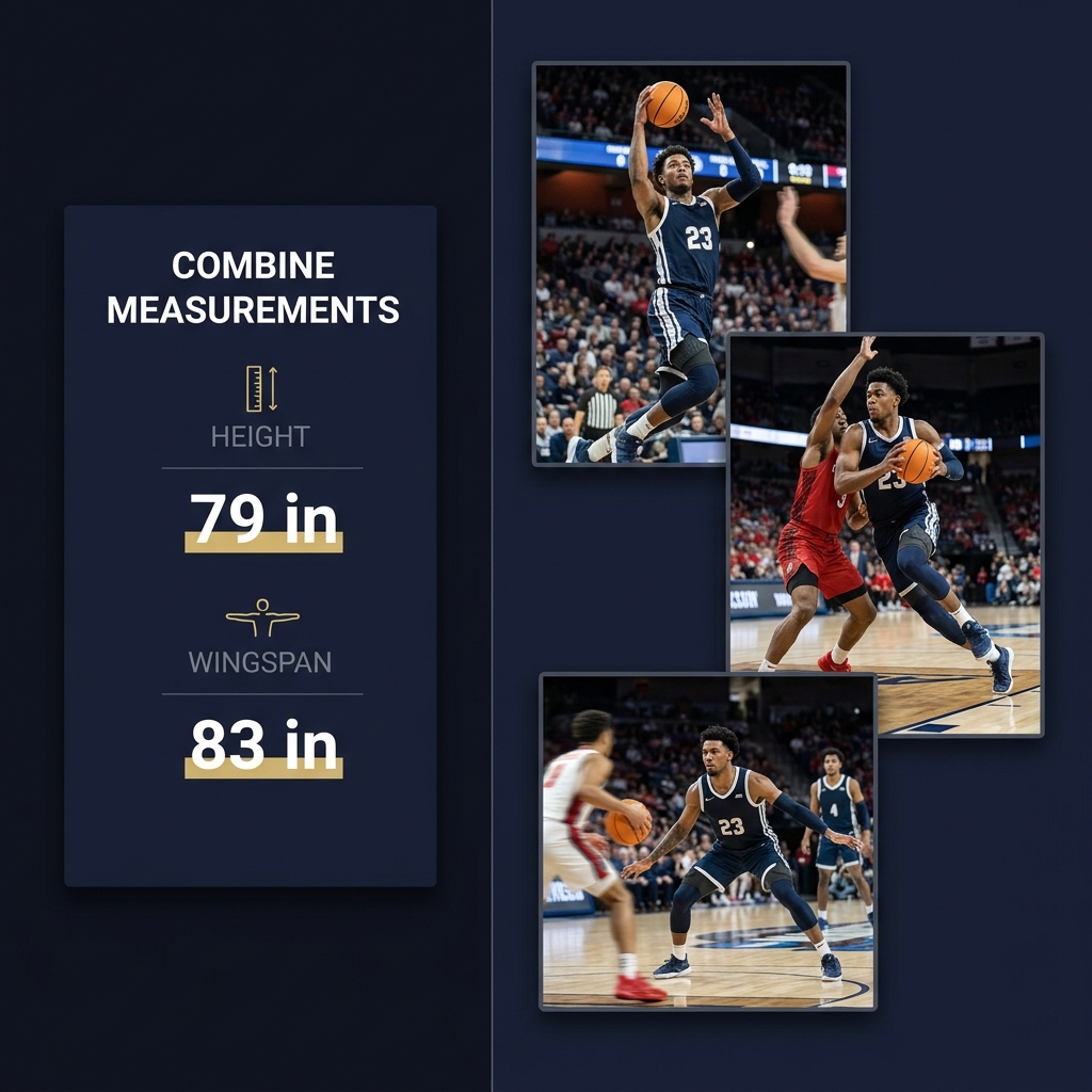 Split screen sports analysis graphic for grizzlies prediction showing left combine measurements height and wingspan and right staggered college tape sequence on dark Funded Plays brand palette