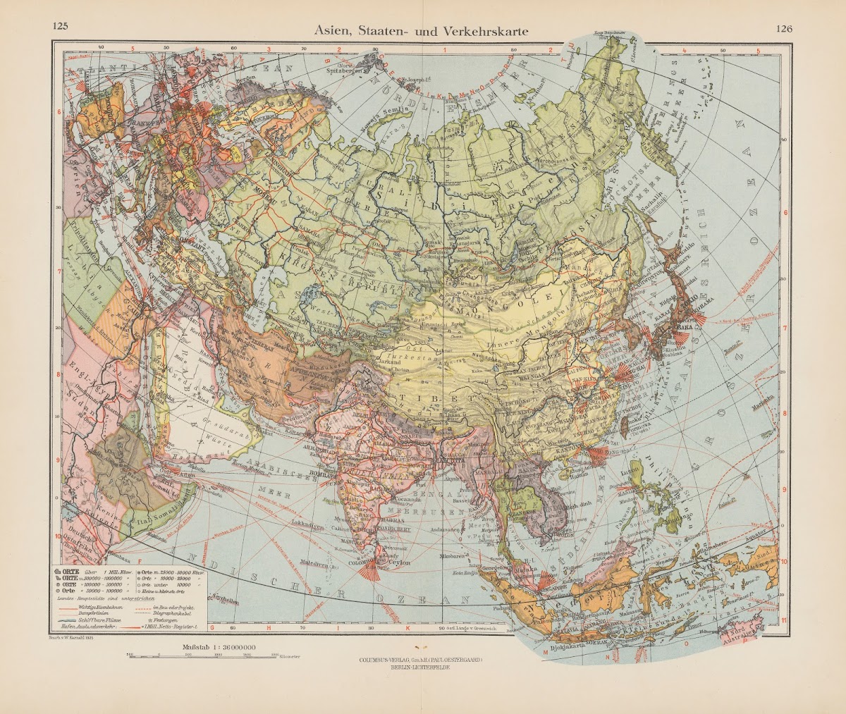Asien Staaten  und Verkehrskarte 1926