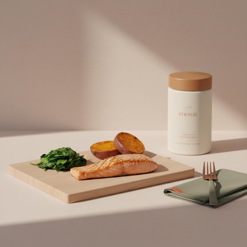 How can I shrink my fatty liver fast? Minimal meal-prep scene with grilled salmon, steamed greens, sweet potato and a Motus supplement jar placed on the counter in Tonum tones.