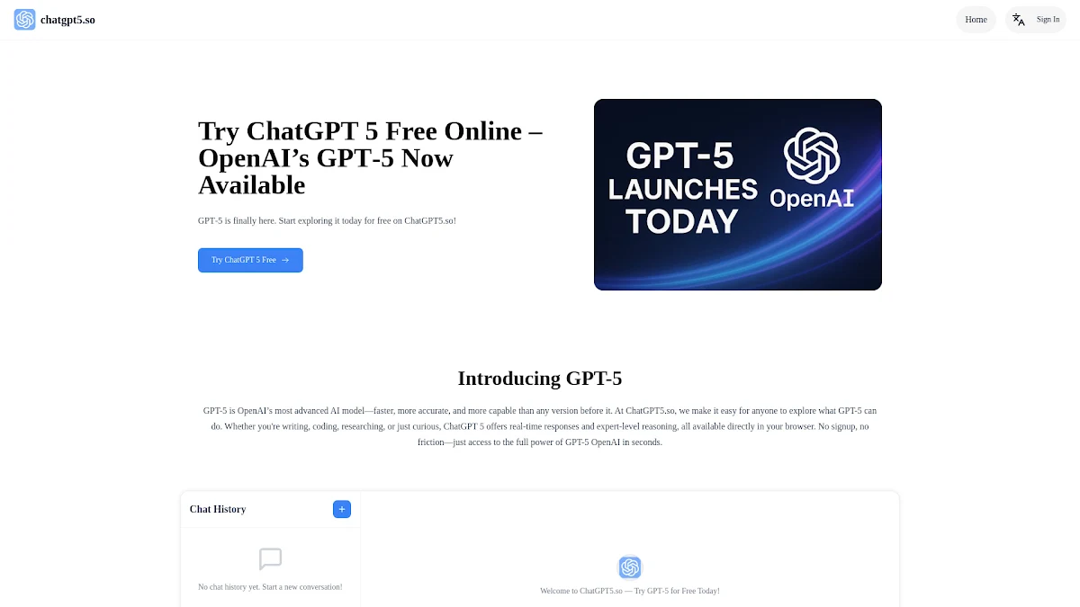 Captura de ChatGPT5.so: Free GPT-5 Online With No Login