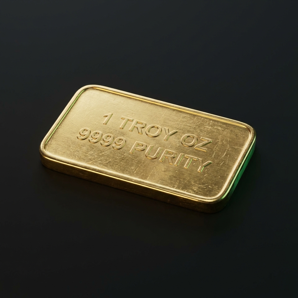 Close up of a troy ounce gold bar with clear stamped weight and purity on a plain dark background minimalist Finance Police style how to buy gold on stock market