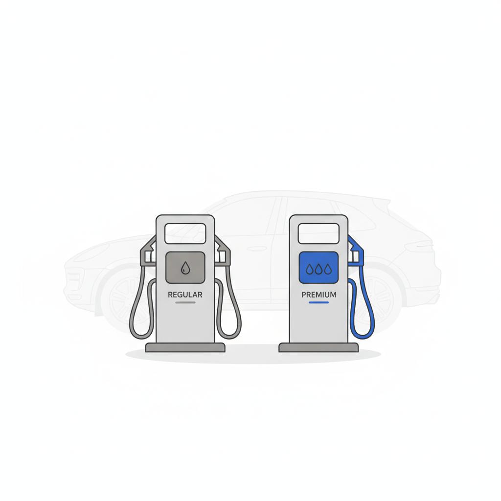 Minimal 2D vector illustration of two fuel pumps side by side with a subtle Porsche Macan silhouette in the background white neutral grays and blue accent 3666ed porsche macan for sale