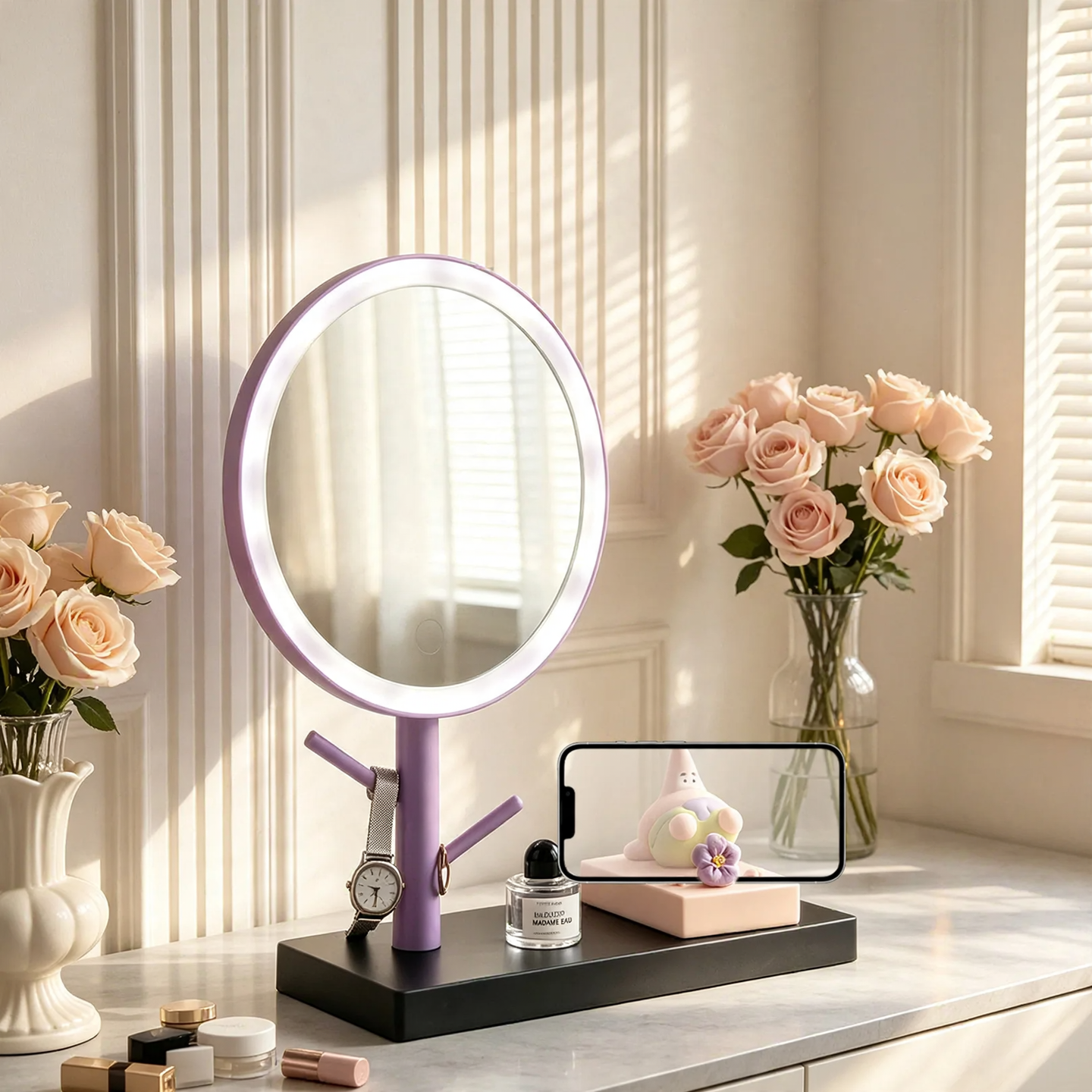 Phone stand with cosmetic mirror, ABS plastic