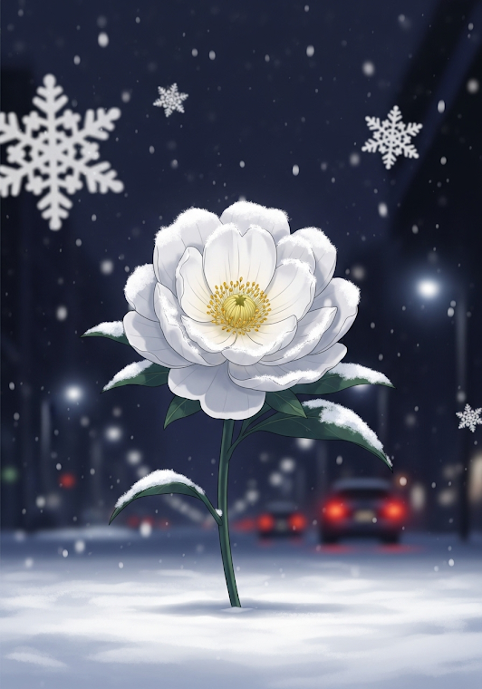Anime Winter White Flower Snowy Urban Night Art