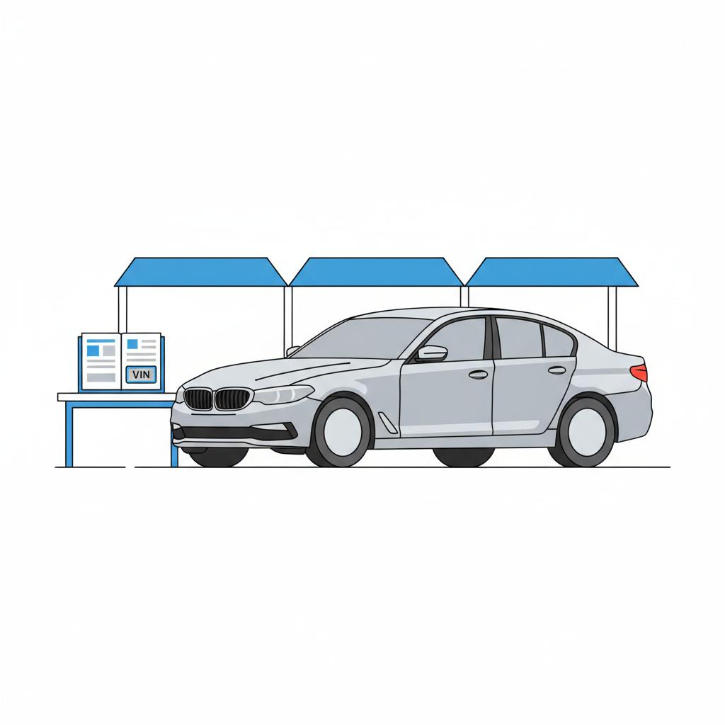 Minimalist vector dealer lot scene with a badge free 5 Series sedan next to a white table displaying a highlighted VIN plate and service record pages bmw 540i for sale